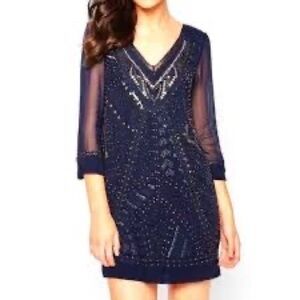 French Connection Beaded Shift Dress Sheer Back Navy Blue Size 8 Party E…